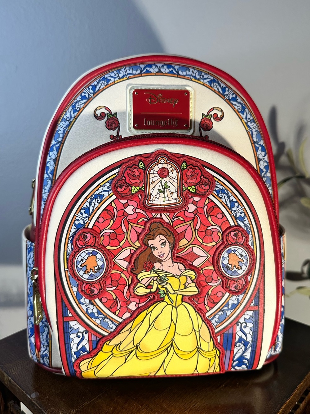 Loungefly Belle Stained Glass Mini Backpack - Red, Yellow, White, Blue